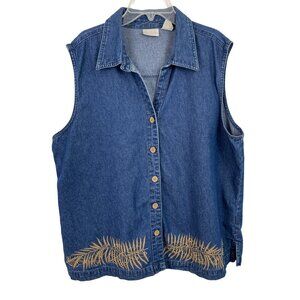 Vintage Erika Womens Blue Denim Vest Size XL Embroidered/Beaded Leaf Print